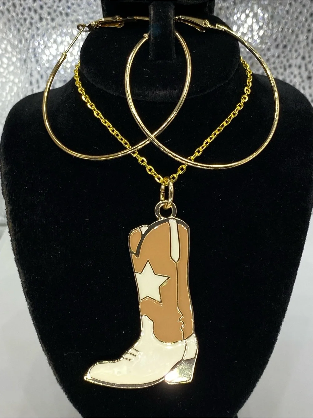 *** Southwestern ^^^ Cowboy Boot Pendant Necklace /  Hoop Earrings *